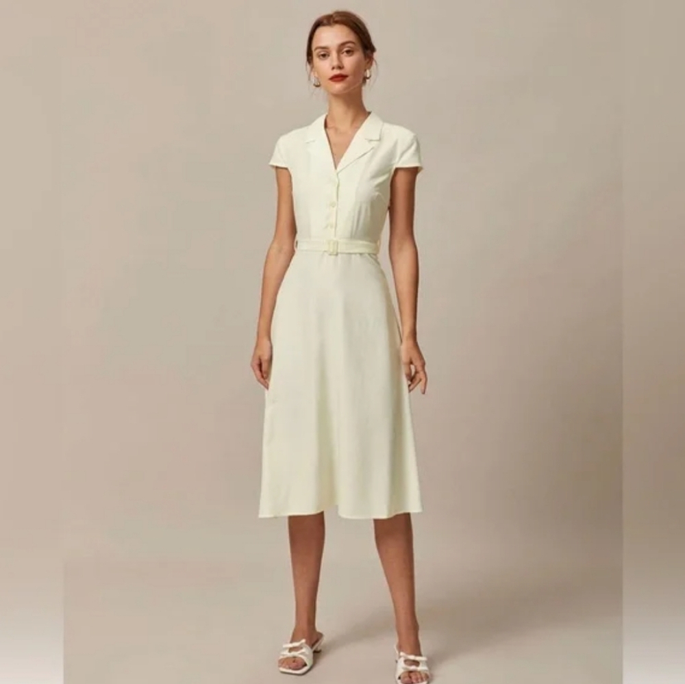 RIHOAS Cream Cap-Sleeved Midi Dress with Belt SMALL - Picture 2 of 10